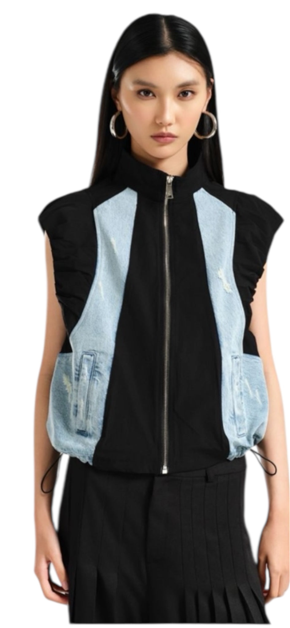 Denim and black vest