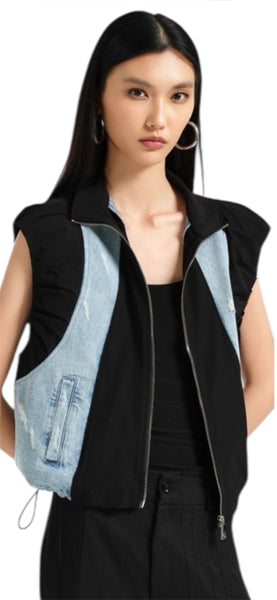 Denim and black vest
